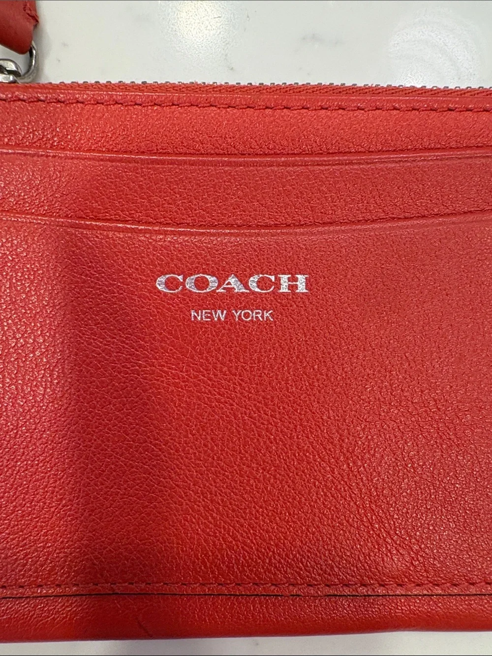 Coach terracotta /red Leather Zip Card Case with Key Ring